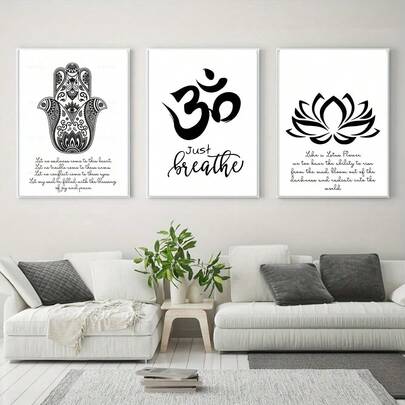 3 Stücke abstrakte minimalistische Leinwanddrucke Poster Buddha Ohm Lotus Blume Symbol Wandkunst Leinwandmalerei Schlafzimmer Veranda Heimdekoration, ohne Rahmen