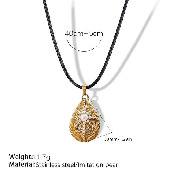 قلادة من سبيكة الزنك بتصميم عصري مزينة بنجمة ثمانية الأضلاع، خرز مزيف، وحجر راين على سلسلة سوداء، بطراز عتيق مناسب للاستخدام اليومي للنساء