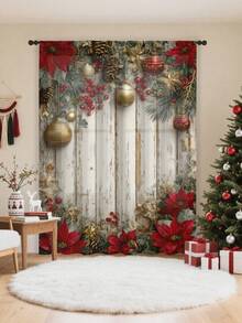1pc Christmas Ball & Element Pattern Premium Decorative Curtain Rod Pocket Sheer Curtain, All Season Use For Outdoor, Gazebo, Bedroom, Kitchen, Office, Study, Living Room - Semi-Sheer (100g Fabric Weight) Home Decor Christmas Decorations Room Decor Christmas Decorations Home