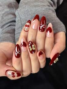 10 件红色杏仁手工按压指甲，中长，手绘红色爱心，3D 樱桃和蝴蝶结装饰，手工假指甲，红色法式指尖配金色小钢球，适合女孩和女士秋冬日常、派对、新年、圣诞节指甲装饰 - 紅色 - 查看 9