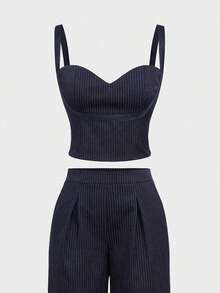 2pcs Set Women Commuting Outfit: Striped Camisole Top + Wide Leg Loose Casual Trousers