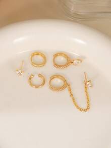 5pcs Elegant Cubic Zirconia Teardrop Pendant Necklace Chain Pierced Earrings Set, Multi-Layer Stacking Earrings For Women, Daily, Party, Holiday Gift