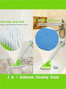 1个可伸缩二合一浴室清洁刷，配备不锈钢手柄、海绵头和地板刷头配件，适用于浴缸、地板和游泳池，多功能长柄清洁工具，180°旋转，可用于任何空间，长柄地板刷，多功能海绵浴缸刷，地板刷，可伸缩三角刷，室内硬毛清洁刷 - 綠色 - 查看 8
