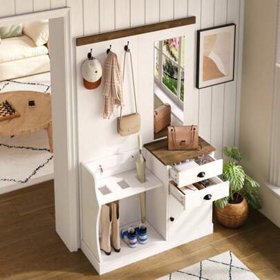 Wardrobe Set With Mirror, Hooks, Drawers And Umbrella Stand.