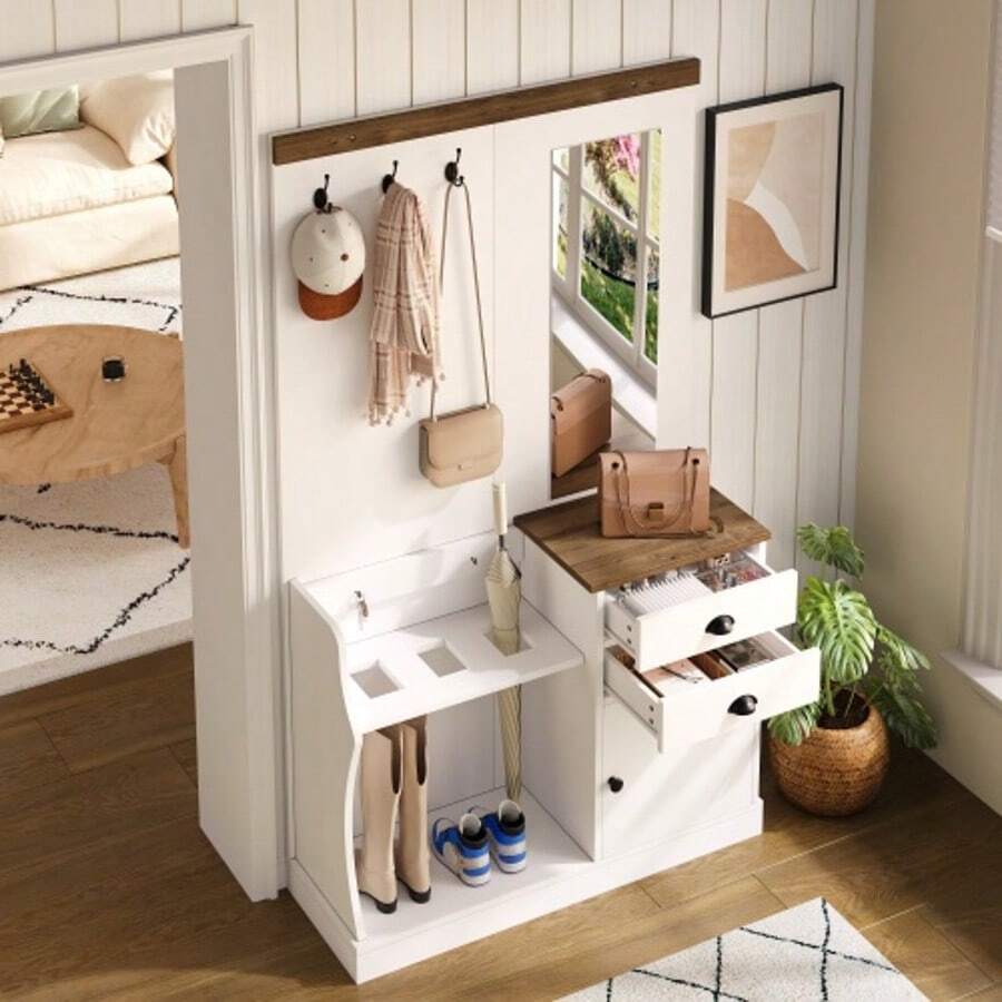 Wardrobe Set With Mirror, Hooks, Drawers And Umbrella Stand.