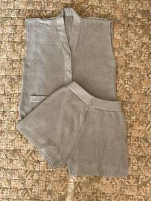 Women's Knit Set Shorts And Maxi Vest With Buttons Shirt Blouse Women's Fashion Summer Comfortable New 2025 - 米色 - 查看 1