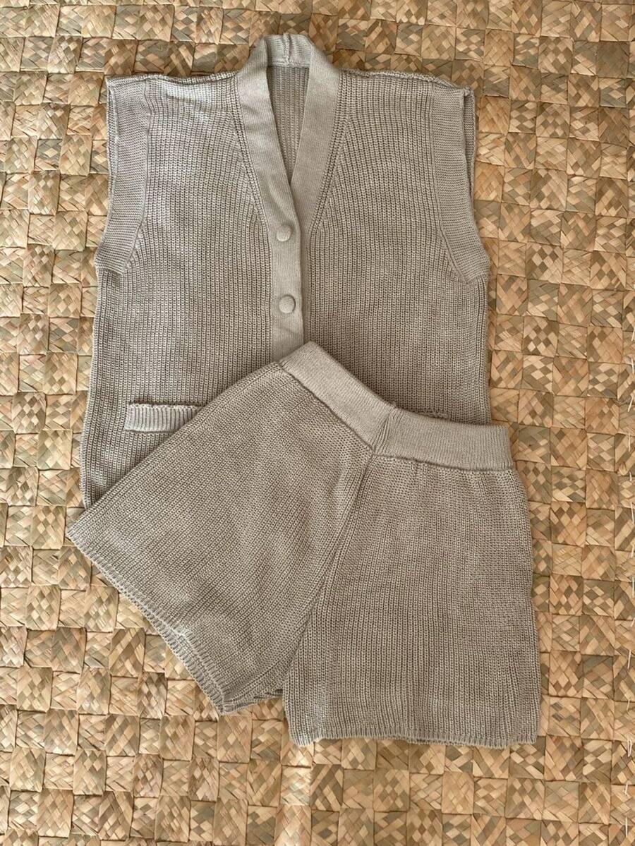 Women's Knit Set Shorts And Maxi Vest With Buttons Shirt Blouse Women's Fashion Summer Comfortable New 2025 - 米色 - 查看 1