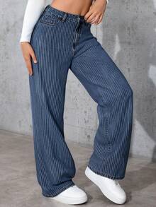 女士可爱藏蓝色和白色条纹长款牛仔裤，带口袋，无弹力，休闲优雅风格，适合万圣节、圣诞节、新年、感恩节和夏季穿着。 - 藍色 - 查看 5