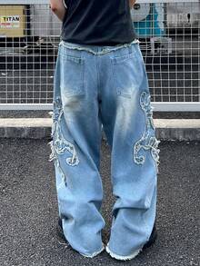 1 Quần jean ống rộng thêu viền tua rua phong cách American Streetwear, thoải mái và thời trang, đa năng (Sản phẩm không bao gồm thắt lưng và phụ kiện) - Màu xanh lam - Xem 4