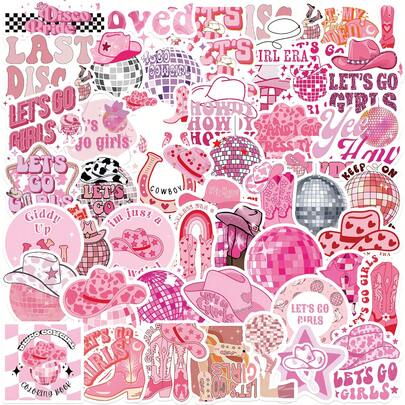 50pcs Pink Disco Cowgirl Stickers, Scrapbook Supplies,Journaling,Laptop,Bumper,Skateboard,Water Bottles,Phone,Cartoon,Hard Hat,Car Stickers And Decals, Back To School