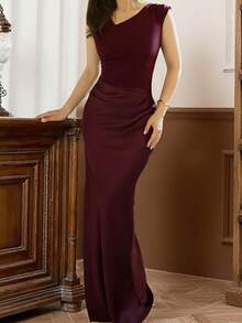 WOWDARK Summer Dress, Red Valentines Outfit, Fashionable Sleeveless V-Neck Satin Patchwork Elegant Party Dress For Women, Suitable For Valentine's Day, Dates, Parties, Gatherings - Burgundy - View 12