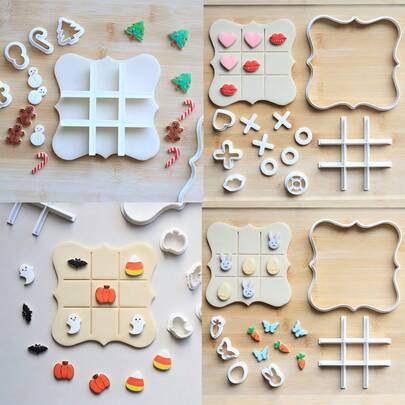 6PCS Of Tic-Tac-Toe Cookie Cutter, 4 Styles To Choose From (Including Valentine's Day, Easter, Christmas, Halloween Tic-Tac-Toe Cookie Molds), Suitable For Cookie Cutting, Fondant Cutting Kitchen Baking Tools, Essential For Holiday Hospitality.