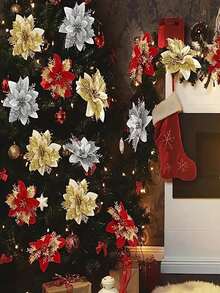 5/10 Pcs Poinsettia Artificial Christmas Flowers, Christmas Tree Decorations, Shiny Simulated Poinsettia Flowers, Home Decoration, Outdoor Decorations, 2026 New Year Ornaments, Red/Gold/Red Gold/Silver/Pink Glitter Artificial Flowers Christmas Home Decoration. - Multicolor - View 6