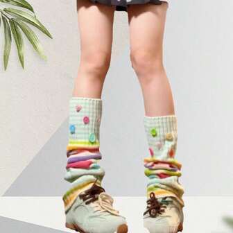 1/2 Pairs Colorful Striped Knitted Leg Warmers, Contrast Color Ins Style Knitted Leg Warmers, Suitable For Music Festival, Street Fashion, Warm For Calves