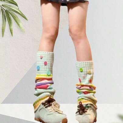 1/2 Pairs Colorful Striped Knitted Leg Warmers, Contrast Color Ins Style Knitted Leg Warmers, Suitable For Music Festival, Street Fashion, Warm For Calves