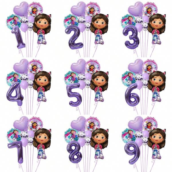 1pc Authorized Gabby's Dollhouse Cartoon Cute Purple Theme Party Balloon Decoration Set, Large Kawaii Gabby Character Foil Balloon & Purple Latex Glitter Balloons, Suitable For Birthday Growth Ceremony Party Wall Decor Background, Balloon Combo Set Decoration Props