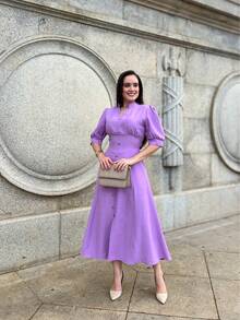 MARRANT PLAIN MIDI DRESS Simple Button Contrasted Waist WOMEN'S SUMMER FASHION - tử đinh hương - Xem 5