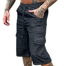 MEN'S CARGO JEANS BERMUDA SHORTS WITH DRAWSTRING WAISTBAND - màu đen - Xem 5