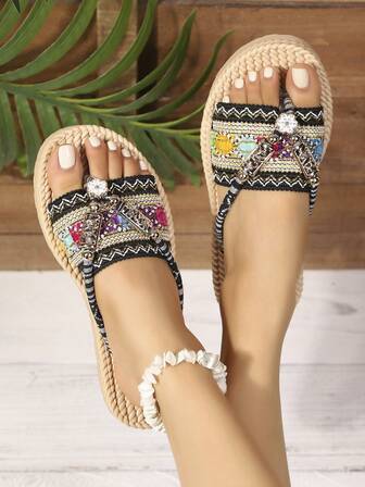 Women's Summer Flat Toe-Post Flip Flops | Retro Casual Style, Folk Style, Black Straps With Gold Stripe Embroidery And Faux Woven Texture Design | Suitable For Daily Casual Wear, Shopping, Vacation, Music Festivals, And Folk Events