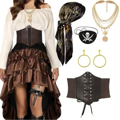 5pcs Halloween Pirate Costume Set, Including (1 Brown Belt, 1 Black Headband, 1 Earring, 1 Eye Patch, 1 Necklace), Suitable For Role Play, Halloween Events, Parties, Balls, Gatherings