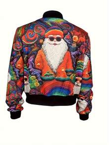 Women's Christmas Santa Claus Print Ribbed Collar Jacket, Lightweight Baseball Jacket For Autumn/Winter