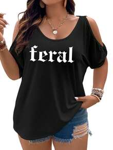 Dark Gothic Text On Gradient Background Women Cold Shoulder Tops Summer Short Sleeve Shirt Plus Size - 黑色 - 查看 1