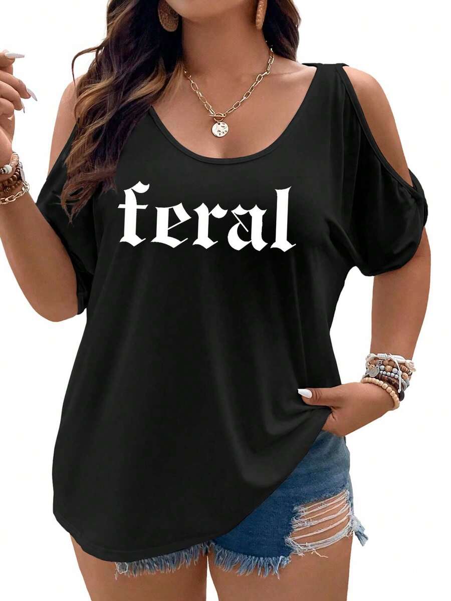 Dark Gothic Text On Gradient Background Women Cold Shoulder Tops Summer Short Sleeve Shirt Plus Size - 黑色 - 查看 1