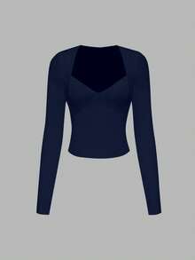 女士薄款纹理休闲纯色长袖T恤，修身剪裁，适合娇小身材，春夏款 - 藏蓝色 - 查看 2