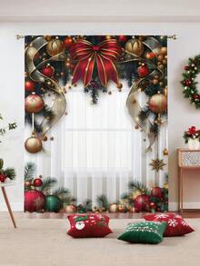 1pc Christmas Ball & Element Pattern Premium Decorative Curtain Rod Pocket Sheer Curtain, All Season Use For Outdoor, Gazebo, Bedroom, Kitchen, Office, Study, Living Room - Semi-Sheer (100g Fabric Weight) Home Decor Christmas Decorations Room Decor Christmas Decorations Home