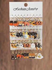 10件/30件万圣节系列新款暗黑风格卡通锌合金珐琅南瓜、蝙蝠、鬼魂、死神、黑猫耳环套装，万圣节首饰礼物 - 彩色 - 查看 10