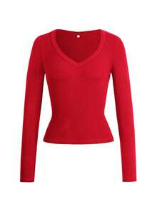 Vaiaye 女士性感修身针织长袖上衣，纯色 V 领 T 恤，适合情人节穿着