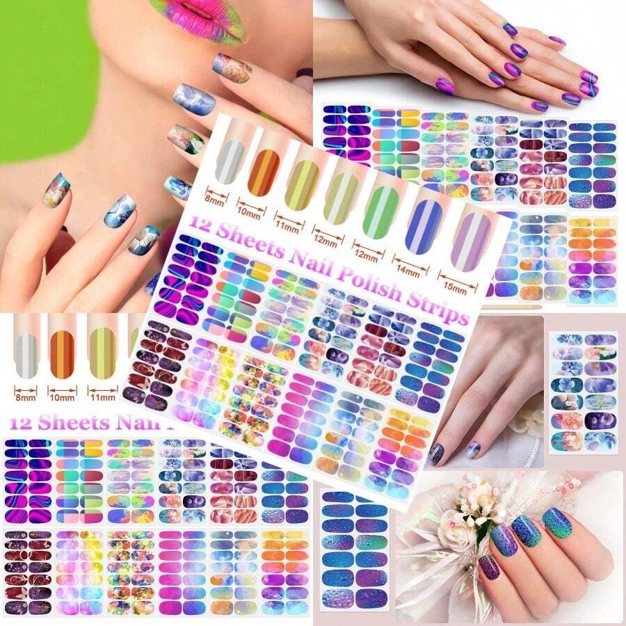 12 Sheets Nail Polish Strips Self Adhesive Gel Nail Stickers Full Nail Wraps For Women Girl Graffiti Gradient Starry Sky Nails Design Gel Strips Manicure Nail Art Accessories - 什錦 - 查看 1