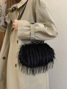 Höst/vinter plysch kuvertväska, moderiktig kedja axel-/crossbody-/handväska för kvällsfest - Svart - Visa 5