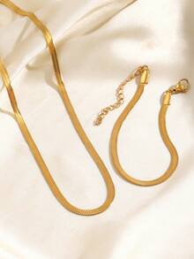 不锈钢防水不褪色简约金色蛇骨链项链和手链套装，适合女性日常佩戴 - 彩色 - 查看 4