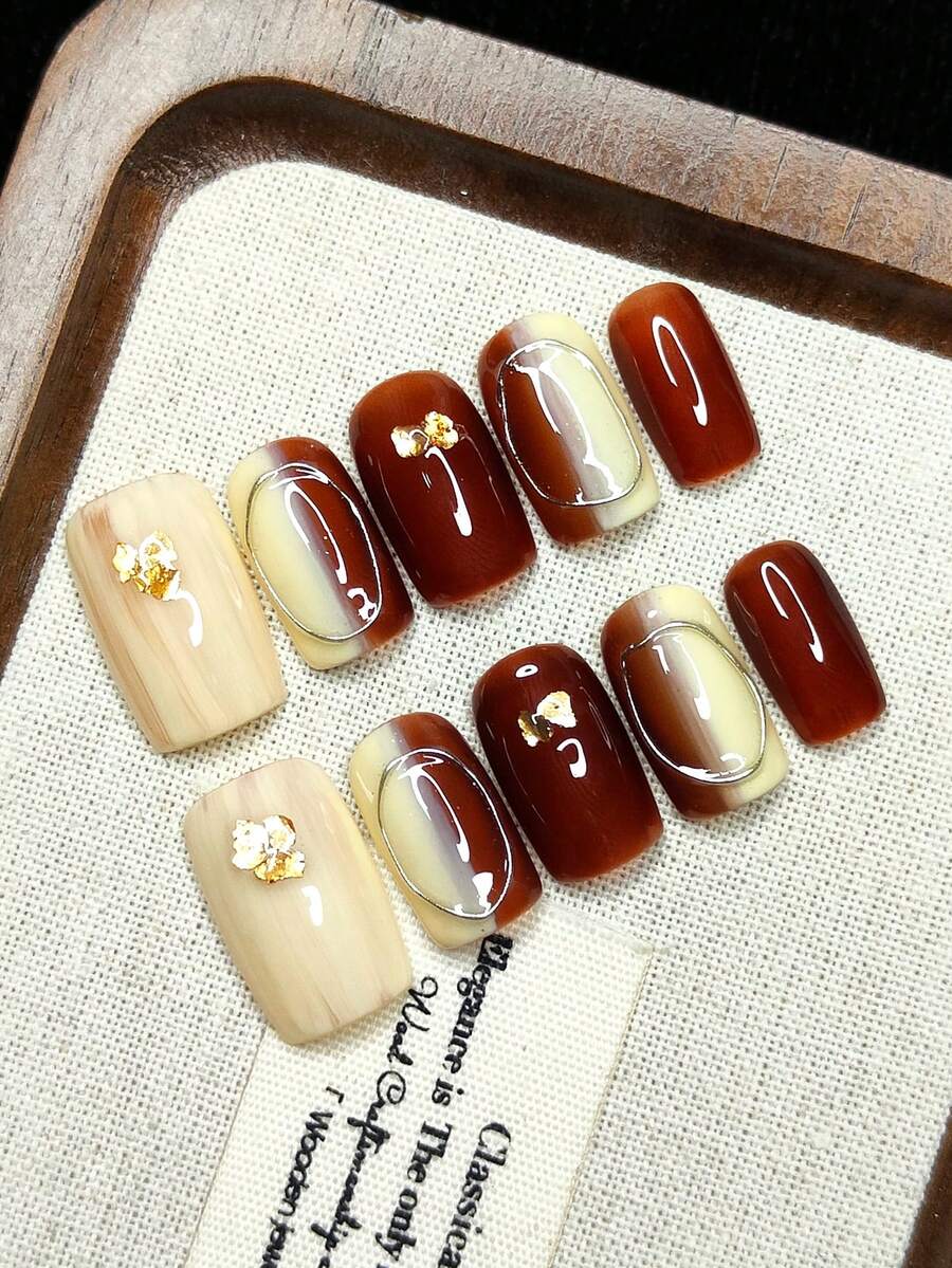 10pcs/Set Handmade Wearable Nail Stickers, Pressure-Sensitive Design, Combination Of Milk Tea And Coffee Colors, Suitable As Gifts, Reusable Handmade Press On Nails