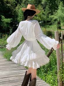 女士优雅蕾丝荷叶边不对称连衣裙 生日派对仙女裙 春夏灯笼袖假日沙滩装 返校节音乐会服装 白色 - 白色 - 查看 7