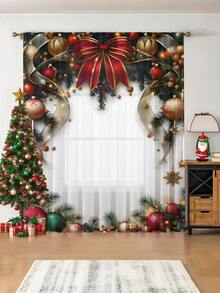 1pc Christmas Ball & Element Pattern Premium Decorative Curtain Rod Pocket Sheer Curtain, All Season Use For Outdoor, Gazebo, Bedroom, Kitchen, Office, Study, Living Room - Semi-Sheer (100g Fabric Weight) Home Decor Christmas Decorations Room Decor Christmas Decorations Home