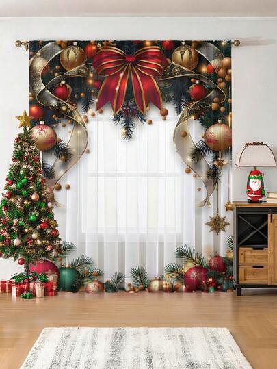 1pc Christmas Ball & Element Pattern Premium Decorative Curtain Rod Pocket Sheer Curtain, All Season Use For Outdoor, Gazebo, Bedroom, Kitchen, Office, Study, Living Room - Semi-Sheer (100g Fabric Weight) Home Decor Christmas Decorations Room Decor Christmas Decorations Home