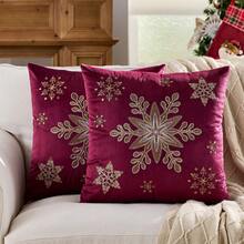 1pc Snowflake Embroidered Pillowcase, Soft Velvet Material, Christmas Decor For Sofa & Living Room, Navy Blue - Navy Blue - View 8