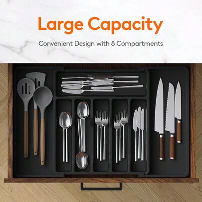 1PC Adjustable Silverware Drawer Organizer, Kitchen Storage And Organization, Silverware And Cutlery Storage Box, Premium Cutlery Packaging Box, Cutlery And Utensil Holder, Adjustable Plastic Storage Spoon, Fork, And Knife, Suitable For Kitchen Cutlery Storage.