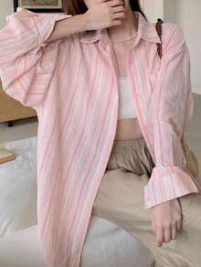 YUXIN 新品上市！透气舒适的粉色条纹女式衬衫。宽松版型，翻领长袖设计，可单穿或作为内搭。适合春夏穿着，通勤和休闲购物皆宜。女士衣橱必备单品，圣诞节/万圣节完美之选！ - 粉色 - 查看 8