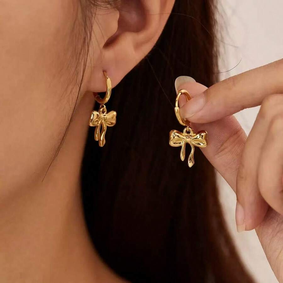 1 Pair Stainless Steel Waterproof Non-Fading Cute Bow Hoop Earrings, Suitable For Women's Daily Wear