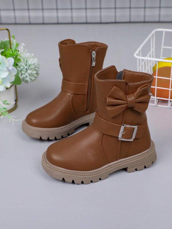 1 Pair Girls Autumn/Winter Warm Thermal Lined Waterproof PU Leather Comfortable Versatile Soft Bottom Lightweight Indoor/Outdoor Casual Boots, Children