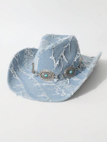 1pc Women's Fashion Chain Decor Distressed Fringe High Quality Cowboy Hat, Retro Western Style, Versatile Fedora Hat, Unisex, Suitable For Daily Wear, Parties, Western Themed Events, Cosplay, Music Festivals