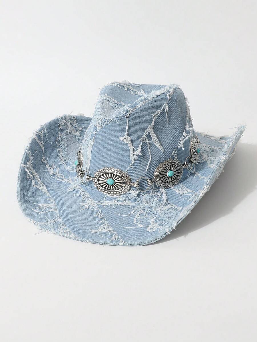 1 件女士时尚链条装饰破旧流苏高品质牛仔帽,复古西部风格,百搭软呢帽,男女通用,适合日常穿着、派对、西部主题活动、角色扮演、音乐节 - 禮帽 - 查看 1