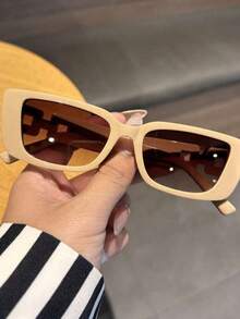Retro Rectangular Plastic Frame Sunglasses, Classic And Elegant Design, UV Protection, Beach Accessories, To Wear With Sweater, Denim, Sweatpants, Jacket, Dress, Long Sleeve Shirt, Ideal For Family Outings, Beach, Travel And Summer Vacation - 卡其色 - 查看 2