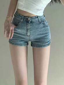 Pantalones vaqueros para mujer, temporada de verano, modelo ajustado y ligero, shorts estilo "hot pants", alto talle con pequeña abertura en la pierna, efecto levantacola, diseño trendy de inspiración Ins, estilo chic occidental. - Azul - Ver 7