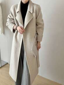 Women's Lapel Belted Double-Faced Wool Coat With Pockets, Suitable For Autumn/Winter - Oat - View 5