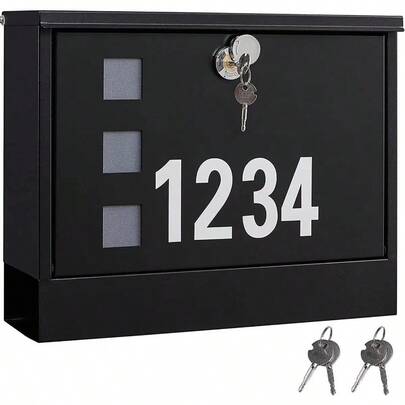 Locking Mailbox Wall Mounted Metal Postbox With Three Sets Of Mail Box Number Stickers 4 Keys 14.4 X 4.5 X 11.2 Large Capacity Black AMB11B