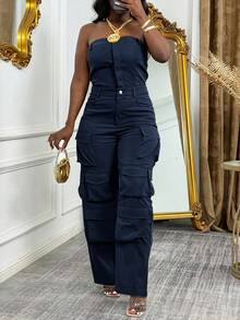 Sweet And Cool Fashion Women's Y2K Style Workwear Jumpsuit, Denim Jumpsuit, Denim Workwear, Mid Waist Non Elastic, Waist Cinching And Hip Lifting, Loose And Slimming, Suitable For All Seasons, Paired With Multi Pocket Design,  And Cool, Suitable For Back To School Season, Hot Girls, Work, Outdoor Work, Outdoor Activities, Travel, Streets, Nightclubs, Parties, Fashion Shows - 藏蓝色 - 查看 8
